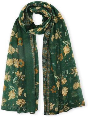 Women's Dark Green Flowers Hijab Cotton Voile Wrap for Spring Fall Scarf Shawl